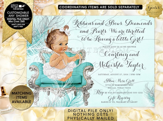 Turquoise Silver White Baby Shower Invitation | Digital File JPG + PDF Format | Design: BSCNR-109 By Gvites Il_570xn