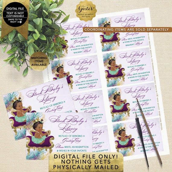 Peacock Book For Baby Inserts Baby Shower | Princess Teal Purple and Gold | 3.5x2.5"/8 Per Sheet | Instant Download | Dark/Jet
