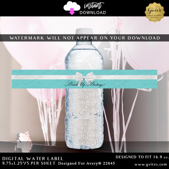 Printable Drink Up Darlings! Water bottle labels party favors guest gifts blue breakfast theme. Instant Download Designed For Avery® 22845.