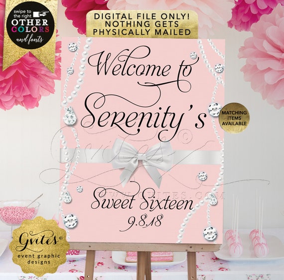 Welcome Sweet 16/ Quinceanera Sign | Diamonds and Pearls Blush Pink Decorations | Breakfast Vintage Theme | Printable Poster JPG/ PDF