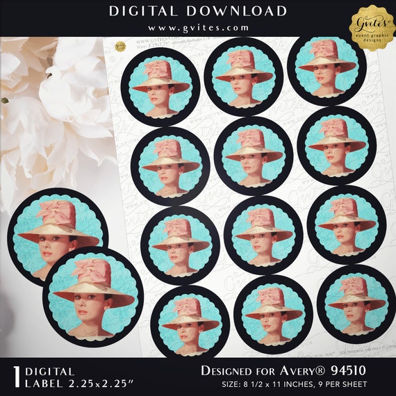 Audrey Hepburn Party Circles Cupcake Toppers Printable | Instant Download 2.25x2.25" 12/Per Sheet