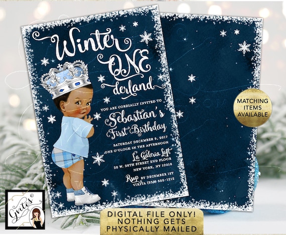 Winter ONEderland Birthday Invitation/ African American Ice Blue Prince Vintage Blue Pants Plaid/ Double Sided Printable 5x7". Il_570xn