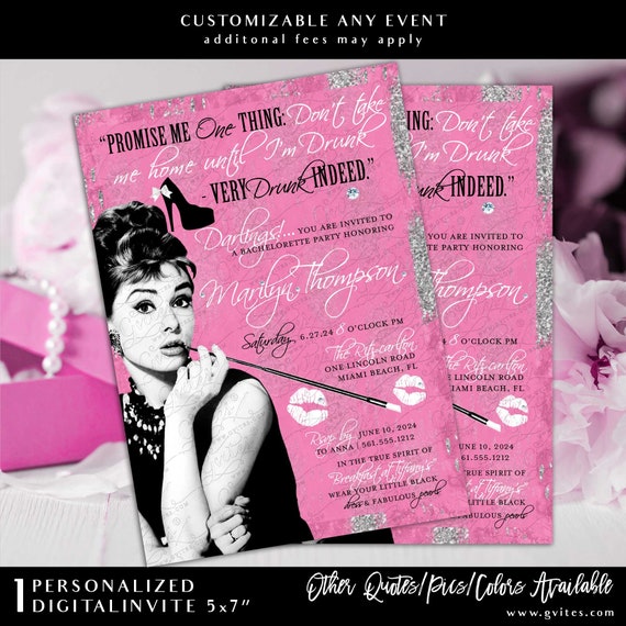 Vintage Watercolor Audrey Hepburn Bachelorette Party Printable Invitation 5x7"