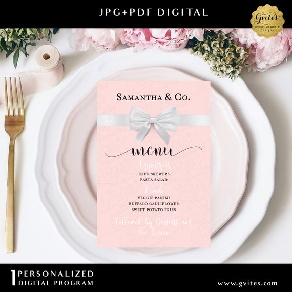 Blush Pink Breakfast Themed Menu Cards Personalized. Size(s) 4x6, 5x7 or 4x9 by Gvites