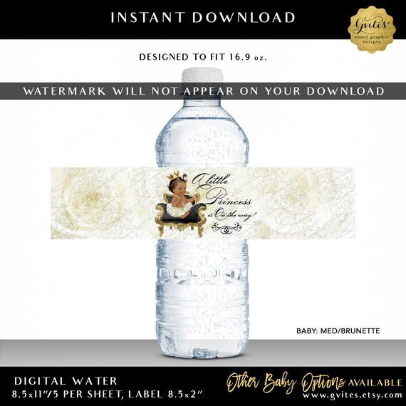 A Little Princess is On The Way Printable Water Bottle Party Favors | Baby: Med/Brunette | Instant Download 8.5x2"