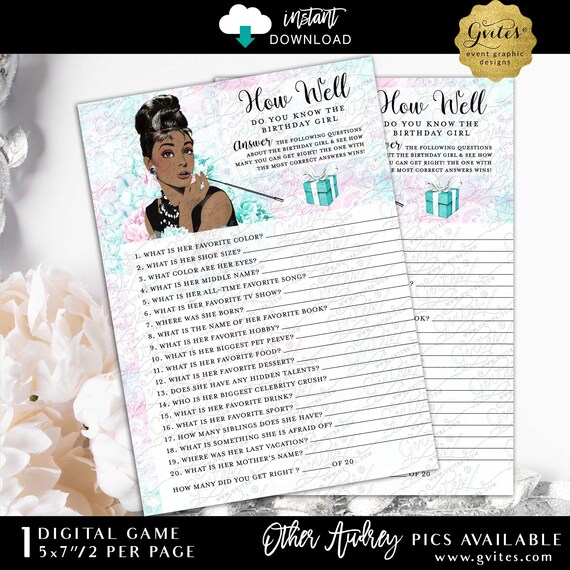 Audrey Hepburn African American | Printable How Well Do You Know The Birthday Girl? Instant Download JPG + PDF 5x7" 2 Per Sheet