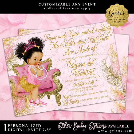 Pink Gold Baby Shower Printable Afro Puffs Girl Invite | Sugar & Spice and everything nice | Lava Gold Watercolor Feathers