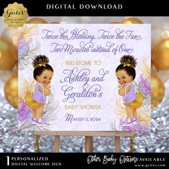 Twins Baby Girl Shower Welcome Printable Sign Purple Lavender Gold and SIlver