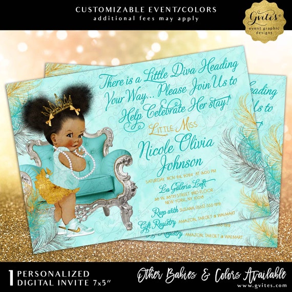 Sparkly Feathers Turquoise Blue & Lava Gold and Silver Afro Puffs Princess Diva Baby Shower 7x5" Printable/Digital