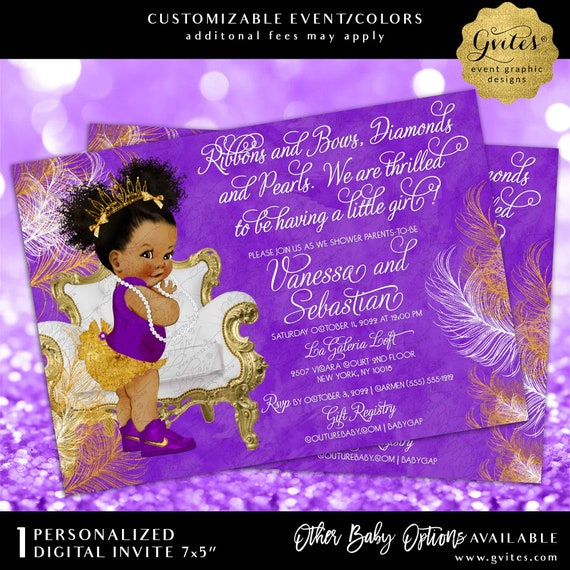 Printable Royal Baby Shower Purple White & Gold Invitation | Digital File JPG + PDF 7x5"