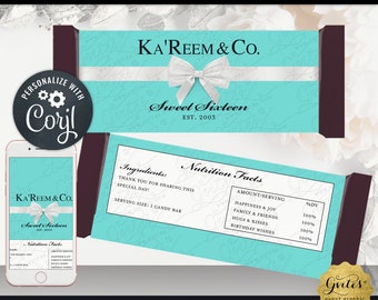 Personalized Sweet 16 Chocolate Candy Bar Labels. Turquoise/Blue White Bow. Editable Template Any Birthday. Edit TODAY w/Corjl.