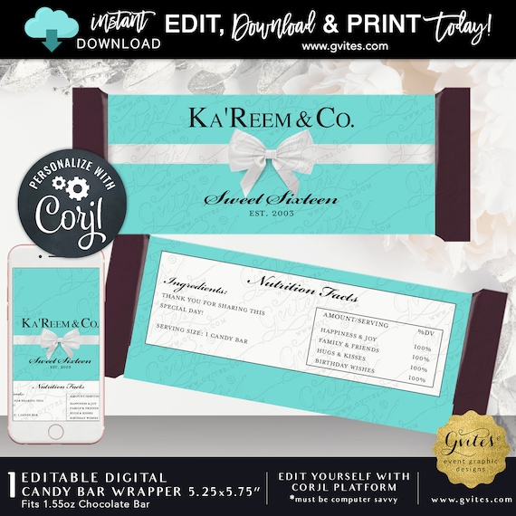 Editable Sweet 16 Chocolate Candy Bar Labels. Turquoise/Blue White Bow | Digital Instant Download Any Birthday. Edit TODAY w/Corjl.
