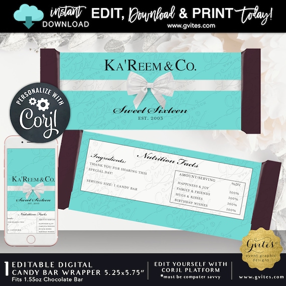 Personalized Sweet 16 Chocolate Candy Bar Labels. Turquoise/Blue White Bow. Editable Template Any Birthday. Edit TODAY w/Corjl.