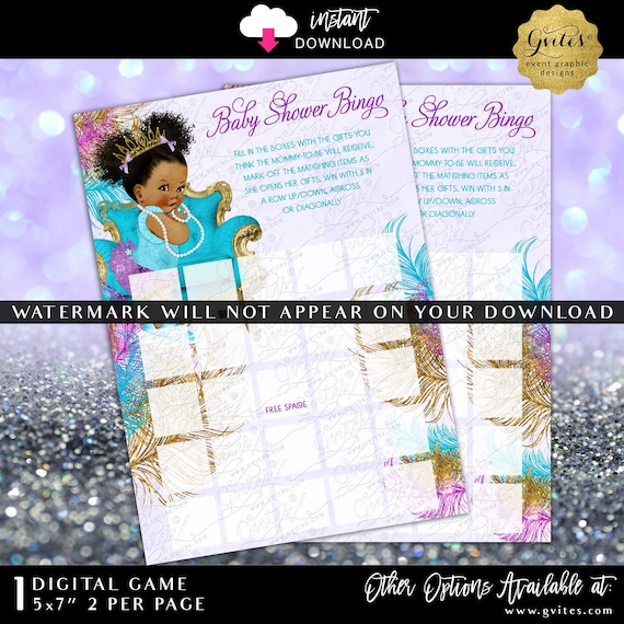 Baby Shower Bingo | Instant Download | African American Princess Girl Dark/Puffs Curly