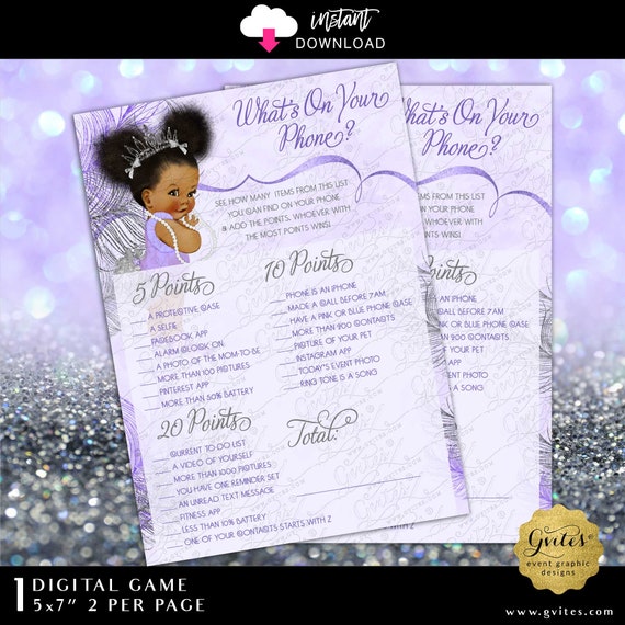 What's On Your Phone Game | Sparkly Feathers Lavender & Silver Afro Puffs Princess Baby Shower | Dark/Puffs Instant Download 5x7"