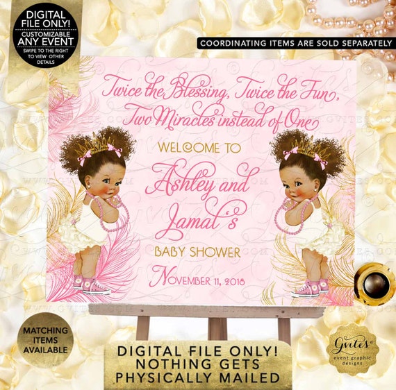 Twin Welcome Pink & Gold Sign Princess African American Girl Afro Puffs | JPG + PDF {Design: TWACE-104} By Gvites