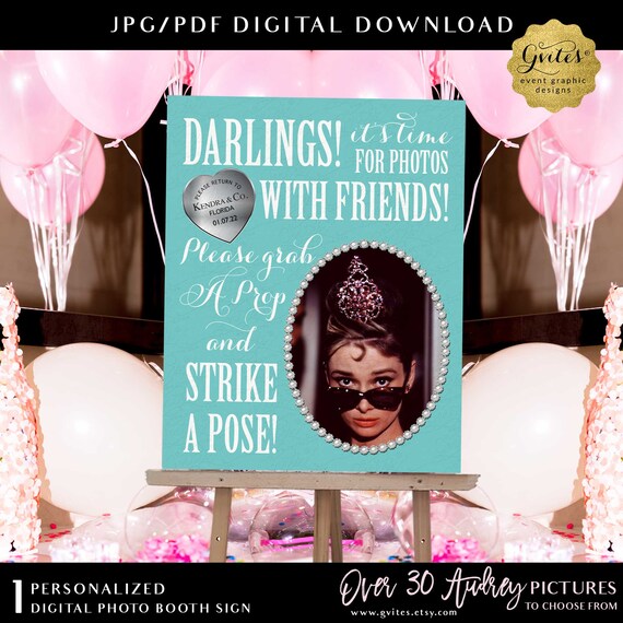 Custom Birthday Party Audrey Hepburn Photo Booth Digital Signs. Over 30 Audrey Pics To Choose From. 8x10" or 11x14"