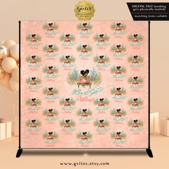 It's a Girl! Vinyl Backdrop 8x8' Mint Coral & Gold Backdrop Watercolor Grunge Feathers/Glitter by Gvites