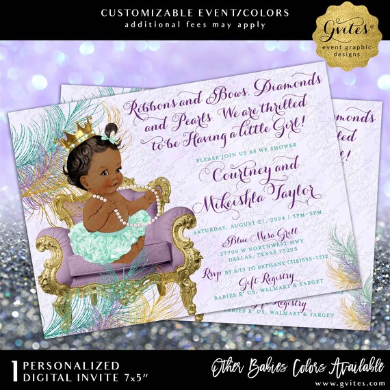 Purple Lavender Teal Mint Invitation | Ribbons and bows diamonds and pearls we are thrilled to having a little girl! 7x5"