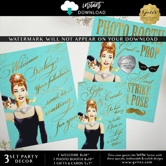 Breakfast Blue & Gold Party Set of 3 Decor | Photo Booth Sign Audrey Hepburn Iconic Movie Picture | Gifts and Cards | Welcome Darlings!