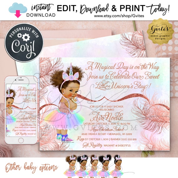 Rose Gold Unicorn Baby Shower Invitation Vintage Theme \ Rainbow Magical Day \ Instant Download \ Edit TODAY W/Corjl \ 7x5" Double Sided