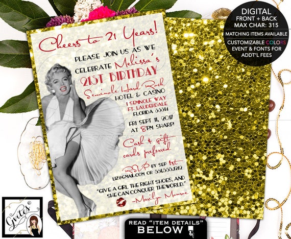 Marilyn Monroe Birthday Invitation. Silver Red & Gold Birthday Party Old HollyWood Theme by Gvites