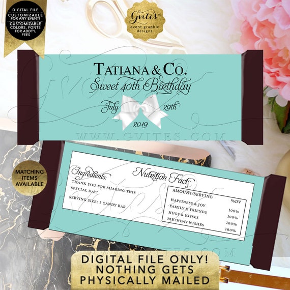 Candy Bar Wrapper Personalized 40th Birthday | Breakfast Themed Party Favors & Gifts {2 Per/ Sheet 5.25 x 5.75"}