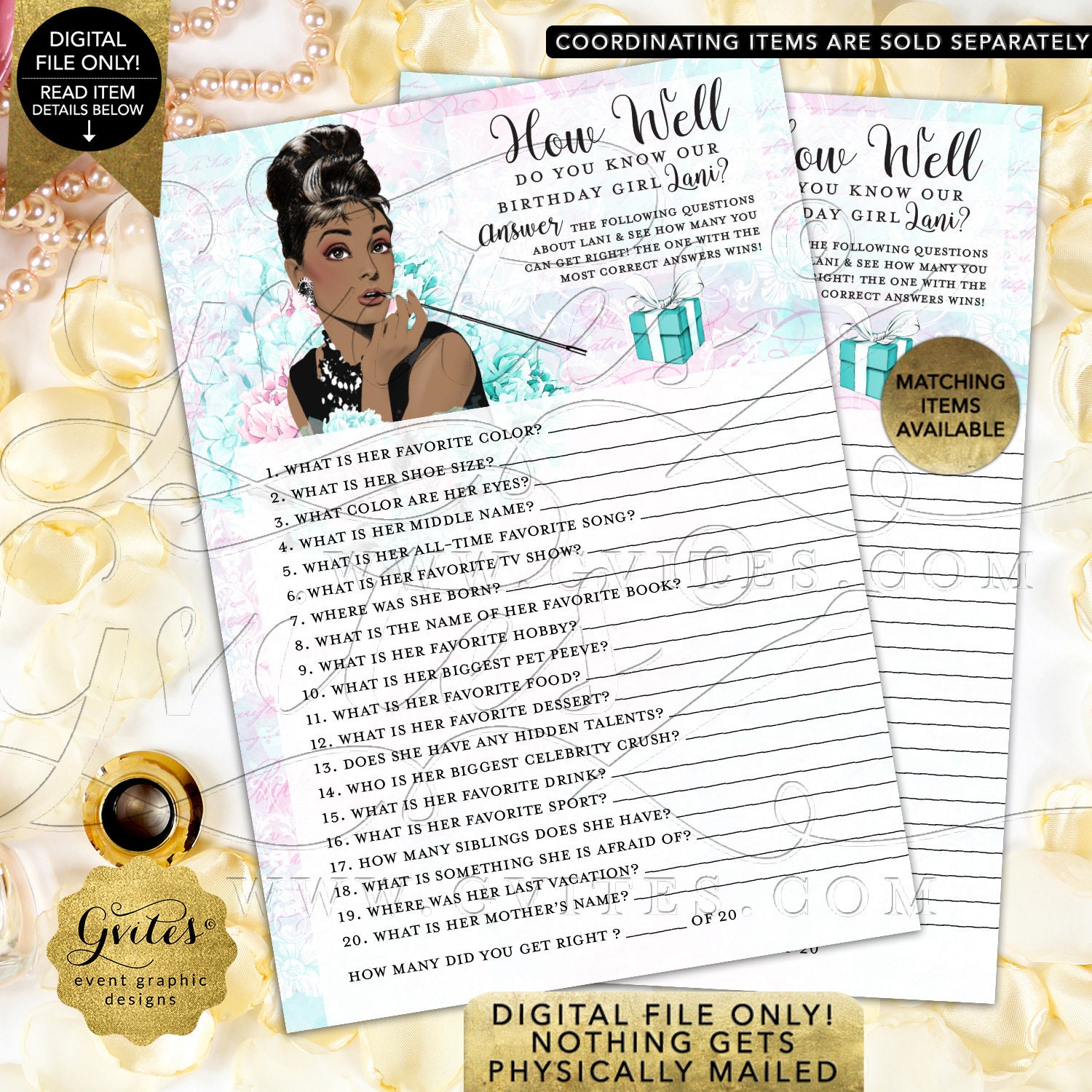 How Well Do You Know The Birthday Girl Personalized Audrey Hepburn Party Theme Printable Games Breakfast At Co 5x7 2 Per Sheet How Well Do You Know The Birthday Girl Personalized Audrey Hepburn Party Theme Printable Games Breakfast At Co 5x7 2 Per Sheet