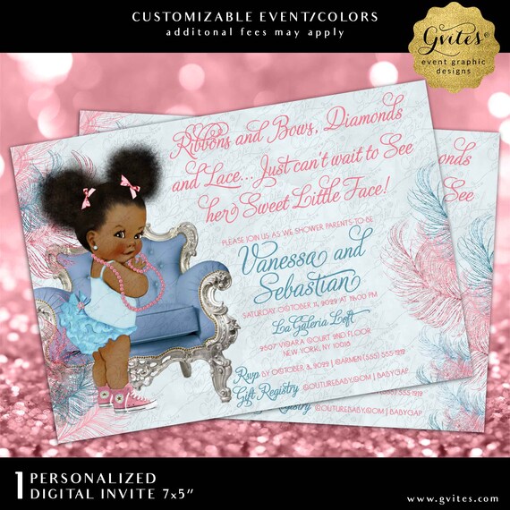 Blue Pink Baby Shower Printable Invitation | Ribbons & Bows Diamonds and Lace.
