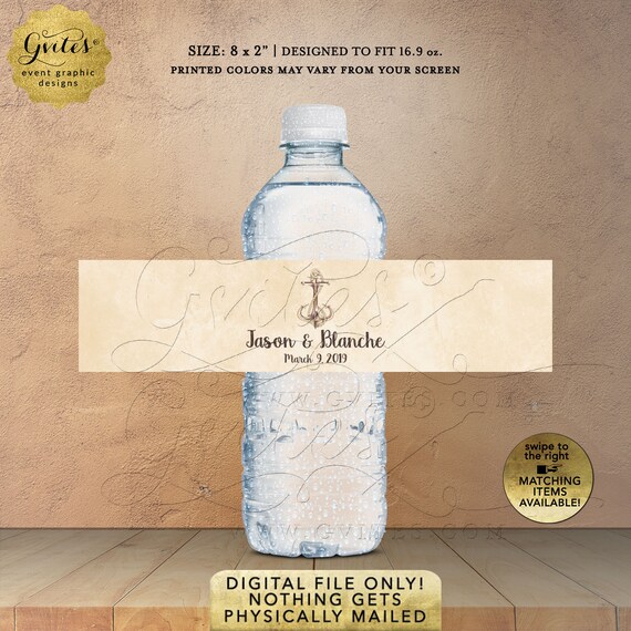 Nautical Wedding Water Labels Personalized | Printable JPG + PDF | 8x2" 5 Per/Sheet
