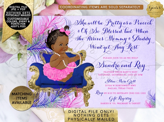 African American She will be Pretty as a Peacock Baby Shower Invitation/ Purple Blue Pink Green Gold/ Ribbons Tutus Vintage. 7x5" Gvites