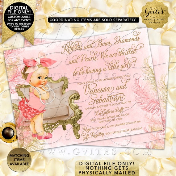 Coral Ivory & Gold Baby Shower Invitation. Personalized Text/Baby Caucasian/African American. Big Bow Vintage Girl Pearls. 5x7" Printable.