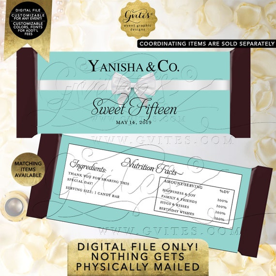 Sweet Fifteen Candy Bar Wrappers | Personalized Party Favors Gifts | Digital PDF + JPG 2 Per Sheet 5.25x5.75" By Gvites