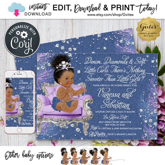 Denim Lavender Diamonds Invitation | Princess Baby Shower Afro Bun Curly Natural Hair.  7x5" Double Sided. Edit TODAY W/Corjl