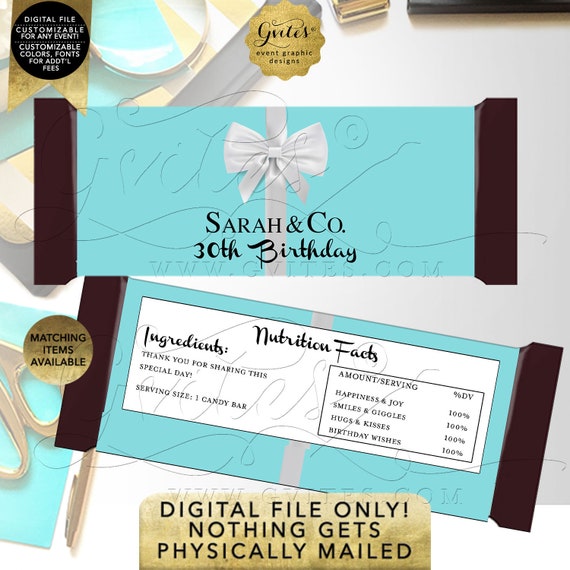 Personalized 30th Birthday Candy Bar Wrappers Robin Egg Blue | Customizable for any event. Digital/ DIY/ JPG/ PDF