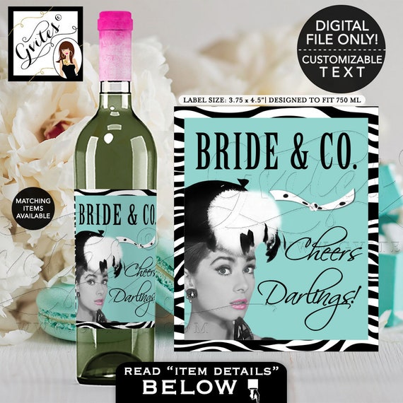 Bride and Co Wine Labels Audrey Hepburn Printable Party Decor 3.75x4.5"/ 4 Per Sheet} Gvites