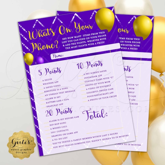 What's On Your Phone Game Cards \ Brother & Sister Coed Birthday Party Favors \ Purple Mustard Yellow \ 5x7" 2\Per Sheet. INSTANT DOWNLOAD
