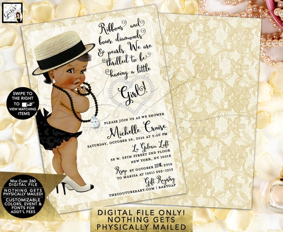 Diamond and Pearls Baby Shower/ Ethnic Baby Invitations/ Ivory Black Ruffle Pants High Heels Wide Brim Hat