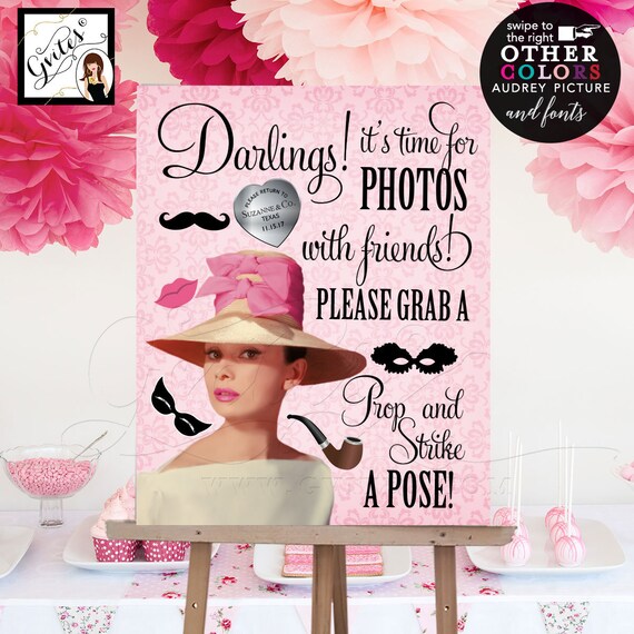 Custom Breakfast at Bridal photo booth sign/ Pink Kentucky Derby Hat Audrey Hepburn theme party prop sign 8x10"