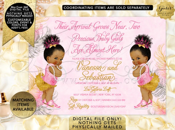 Pink and Gold Twins Baby Shower Printable Invitation/ Personalized Invites. Digital File Only! 7x5" JPG + PDF {Pink/ Silver/ Gold Feathers}