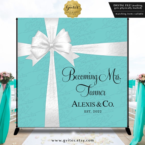 Becoming Mrs. Name & Co Turquoise Blue Personalized Backdrop Banner by Gvites 4x4/5x5/6x6/7x7/8x8 Feet