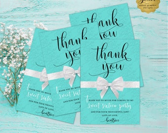 Personalized Sweet 16 Thank You Flat Cards | Digital Download Breakfast Blue Theme 3.5x5" 4 Per Sheet