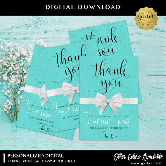 Personalized Sweet 16 Thank You Flat Cards | Digital Download Breakfast Blue Theme 3.5x5" 4 Per Sheet