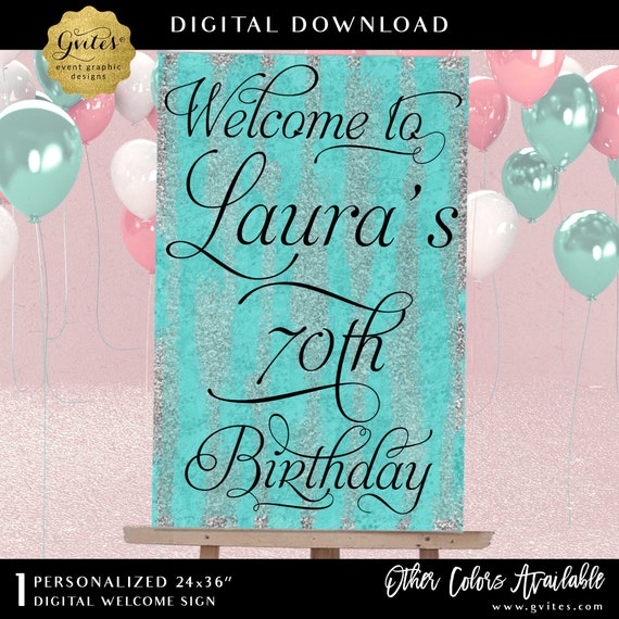 70th Birthday Welcome Sign Entrance Decor Table Backdrop/Banner/Poster | Turquoise Watercolor & Silver Glitter 24x36"