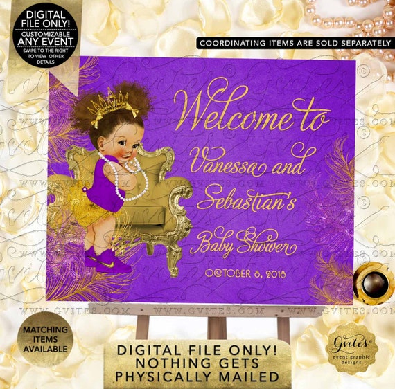 Purple & Gold Welcome Sign Baby Shower Princess African American Afro Puffs Curly | Digital JPG + PDF