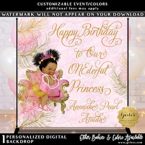 Afro Puffs First Birthday Backdrop Pink & Gold Feathers Watercolor Personalized | Digital Download