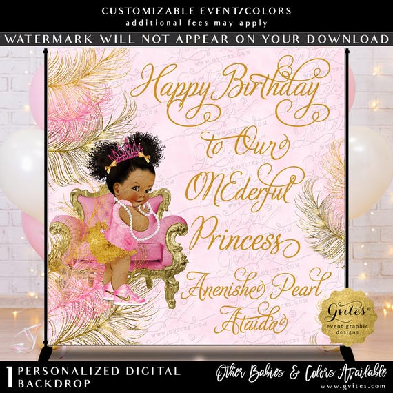 Afro Puffs First Birthday Backdrop Pink & Gold Feathers Watercolor Personalized | Digital Download