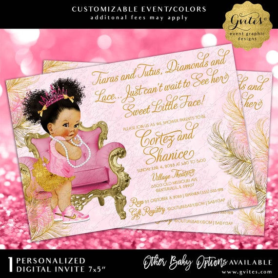 Princess Baby Shower Pink Gold Watercolor Feathers Royal Printable Invitation 7x5"