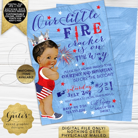 Patriotic BOY Baby Shower Invites/ Our little fire cracker is on the way/ Vintage silver crown/ Digital/ 5x7" Double Sided/ Gvites.