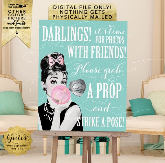 Audrey Hepburn Photo Booth Sign Bubble Gum Pink. Birthday Poster Printable Decorations/ Blue Themed Table Signs | JPG + PDF 8x10"